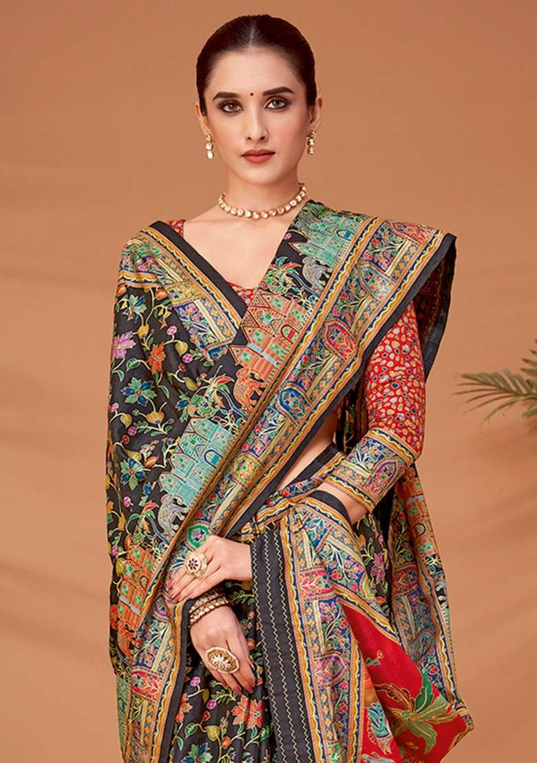 Black Printed Viscose Silk Blend Saree Set - Indya
