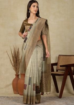 Sea Green Printed Cotton Silk Saree Set