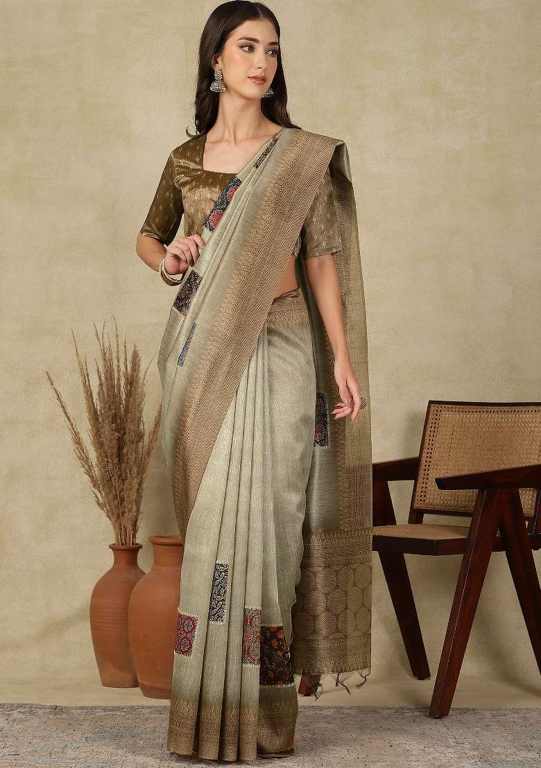 Sea Green Printed Cotton Silk Blend Saree Set - Indya