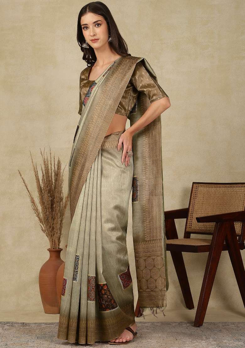 Sea Green Printed Cotton Silk Blend Saree Set - Indya