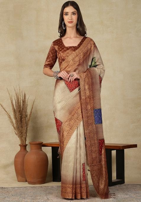 Beige Printed Cotton Silk Saree Set — view on Indya