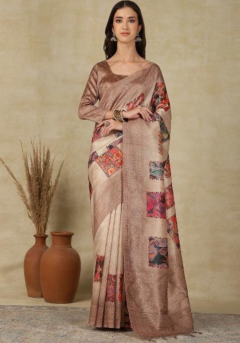 Beige Printed Cotton Silk Saree Set — view on Indya