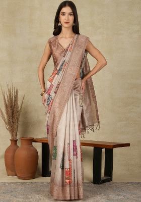 Beige Printed Cotton Silk Saree Set