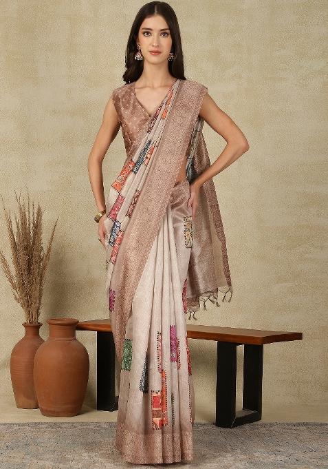 Beige Printed Cotton Silk Saree Set — view on Indya