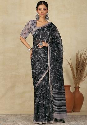 Black Printed Cotton Linen Saree Set