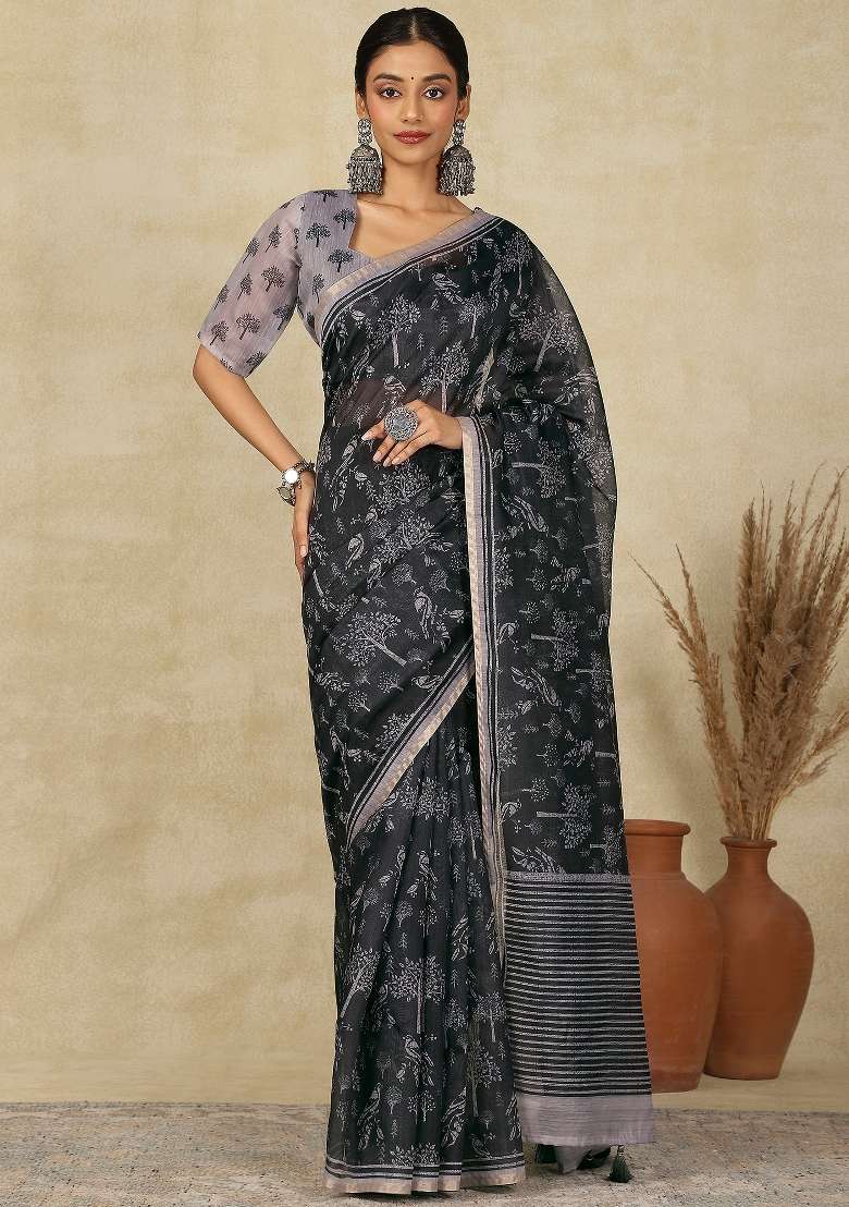 Black Printed Cotton Linen Saree Set - Indya