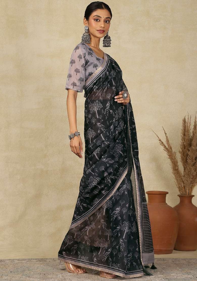 Black Printed Cotton Linen Saree Set - Indya