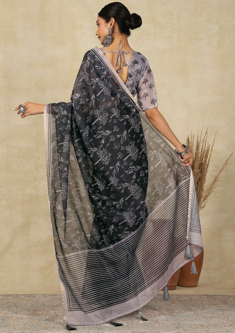 Black Printed Cotton Linen Saree Set - Indya