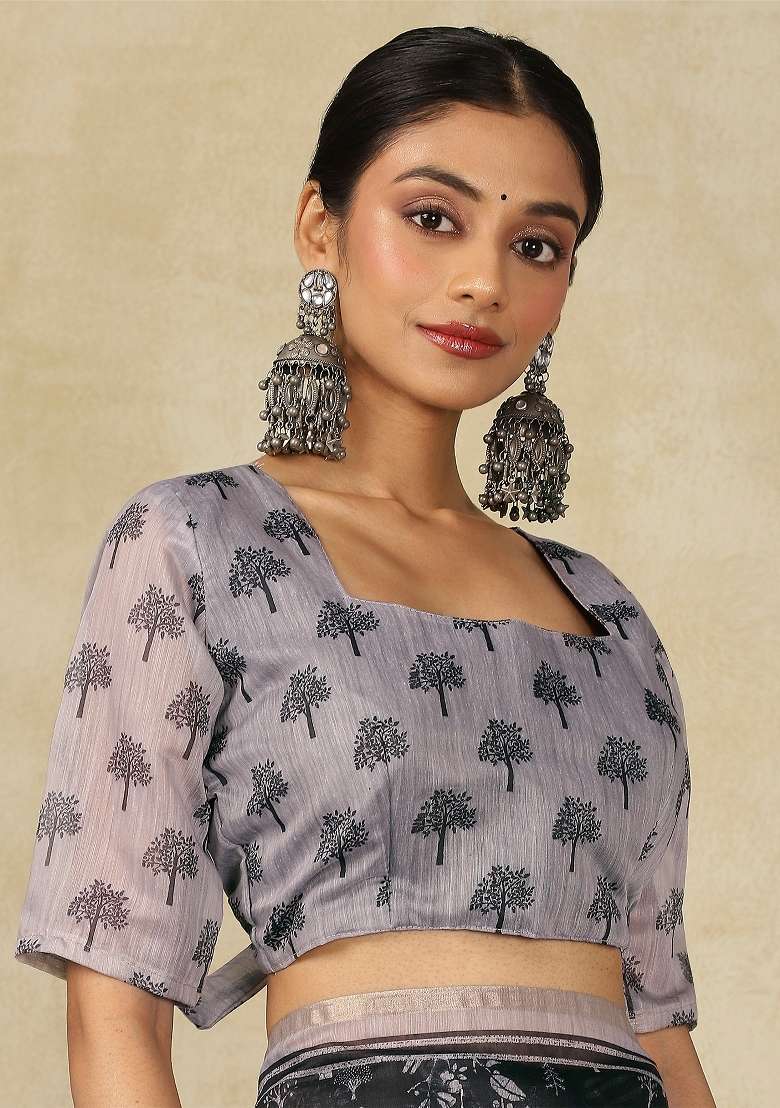 Black Printed Cotton Linen Saree Set - Indya