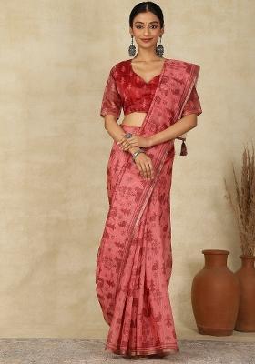 Maroon Printed Cotton Linen Saree Set