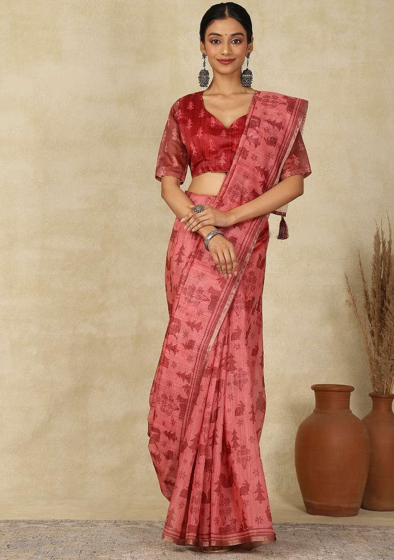 Maroon Printed Cotton Linen Saree Set - Indya