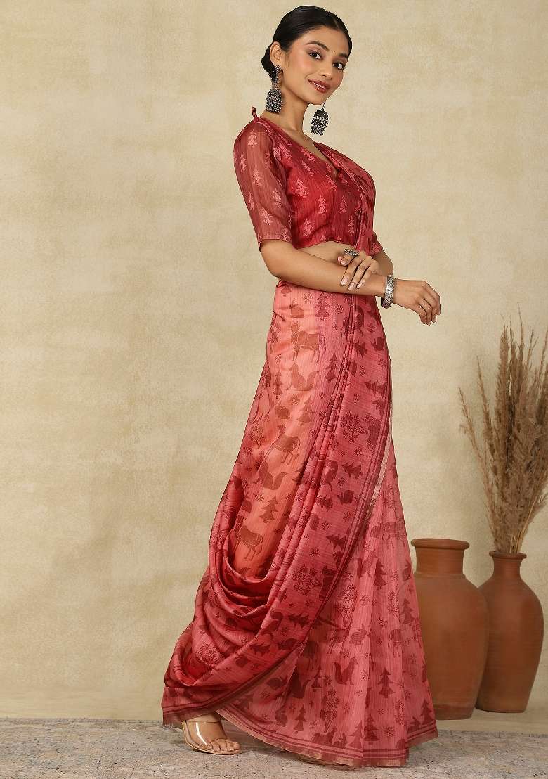 Maroon Printed Cotton Linen Saree Set - Indya