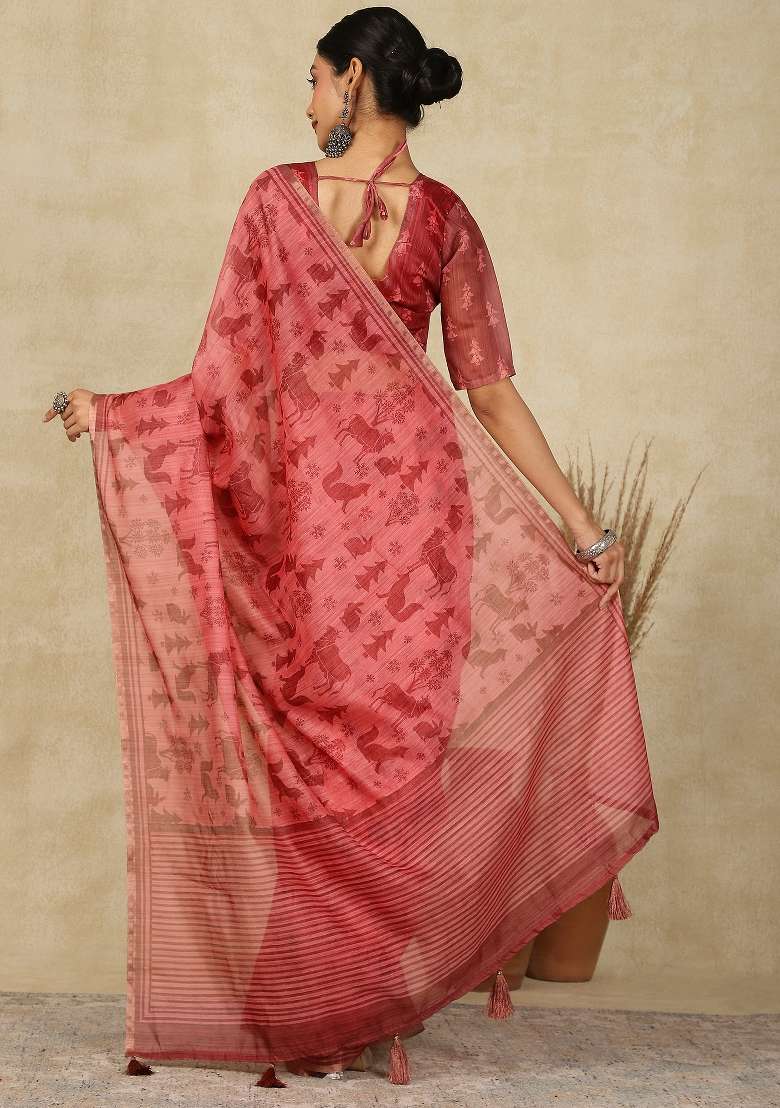 Maroon Printed Cotton Linen Saree Set - Indya