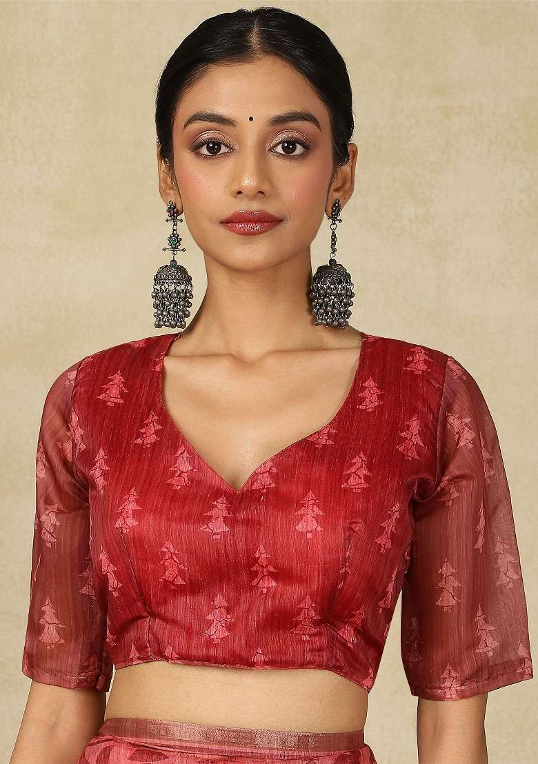 Maroon Printed Cotton Linen Saree Set - Indya