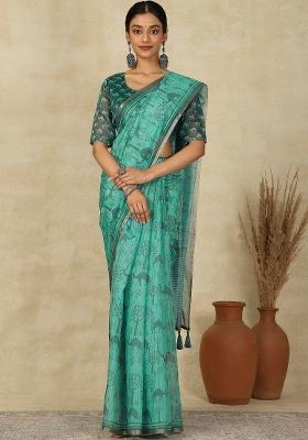 Turquoise Printed Cotton Linen Saree Set