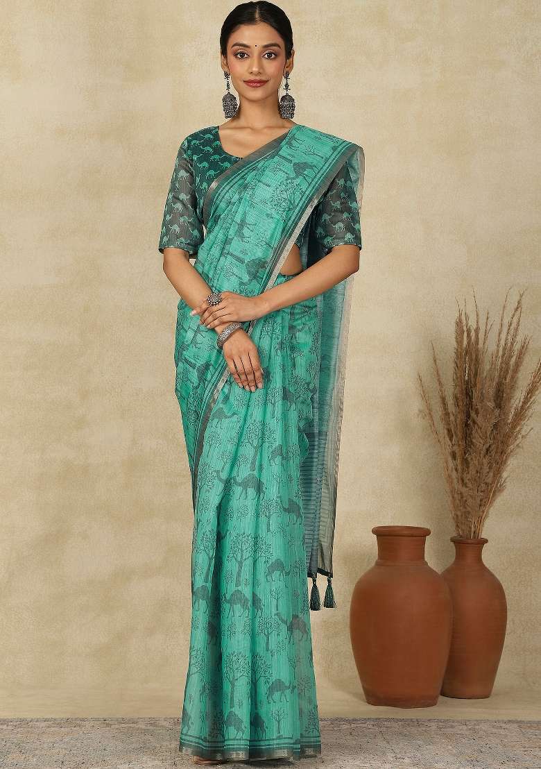 Turquoise Printed Cotton Linen Saree Set - Indya