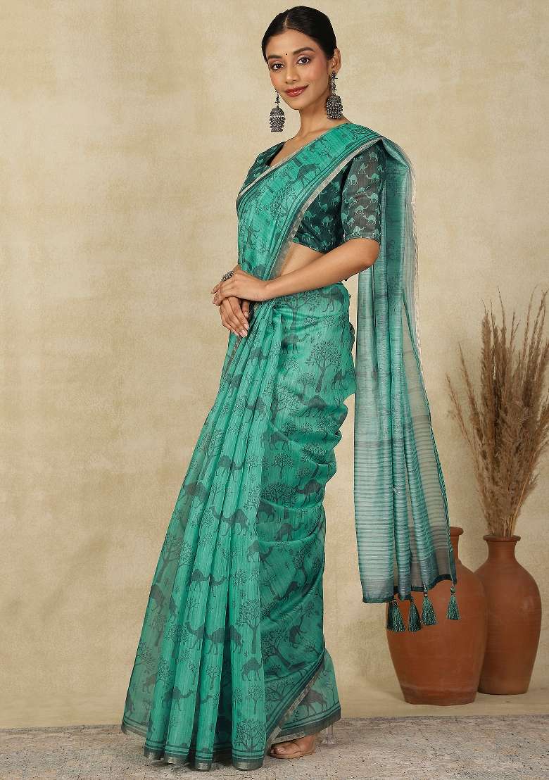 Turquoise Printed Cotton Linen Saree Set - Indya