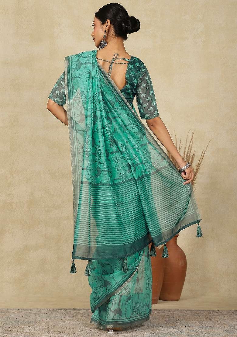 Turquoise Printed Cotton Linen Saree Set - Indya