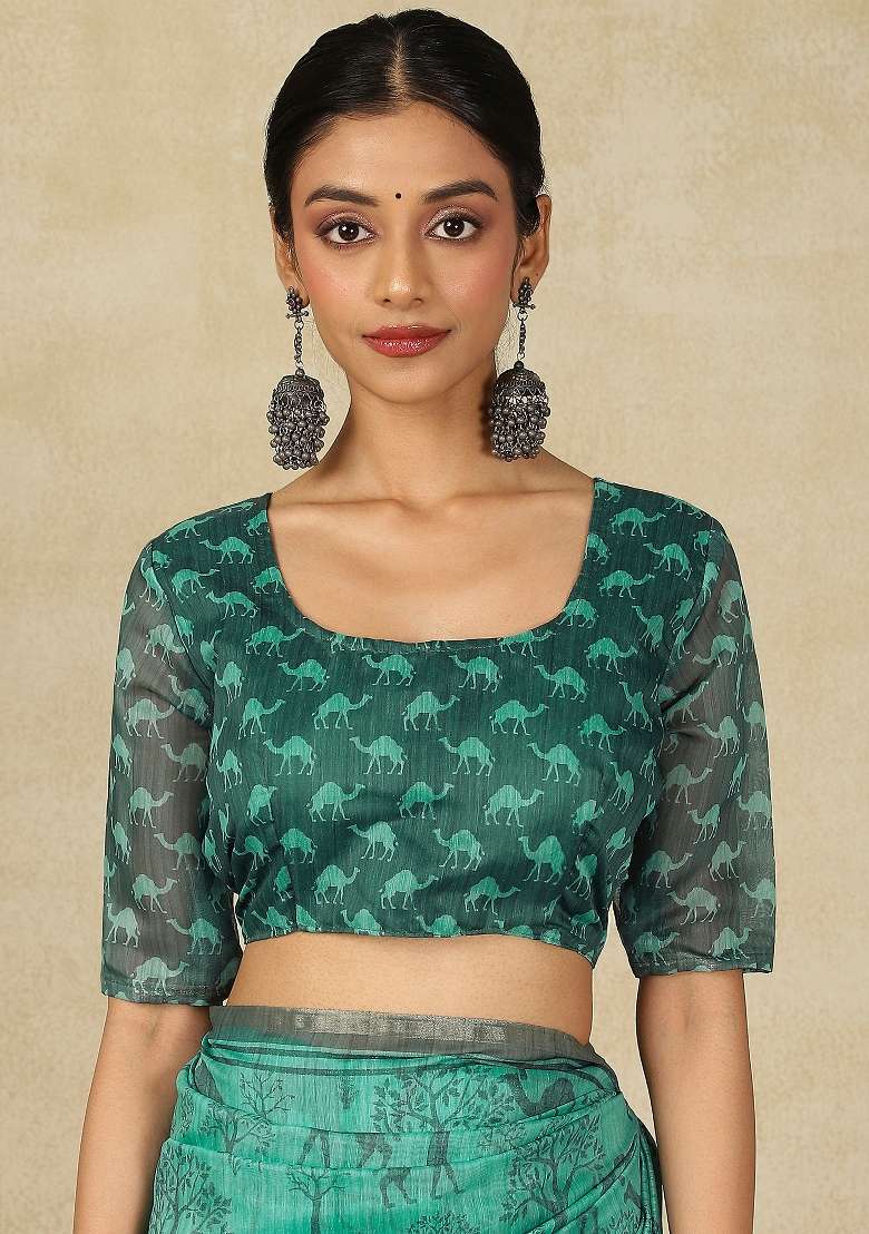 Turquoise Printed Cotton Linen Saree Set - Indya
