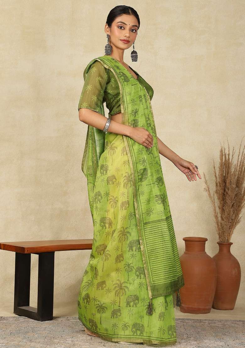 Light Green Printed Cotton Linen Saree Set - Indya