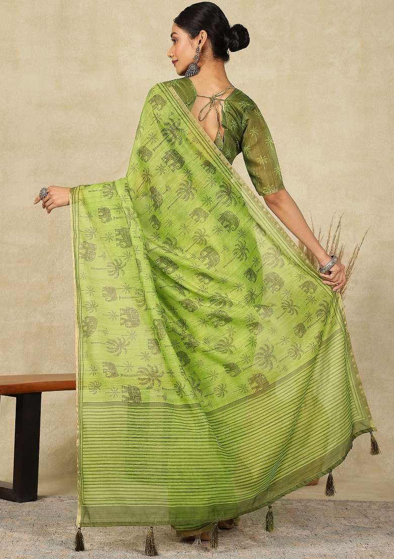 Light Green Printed Cotton Linen Saree Set - Indya