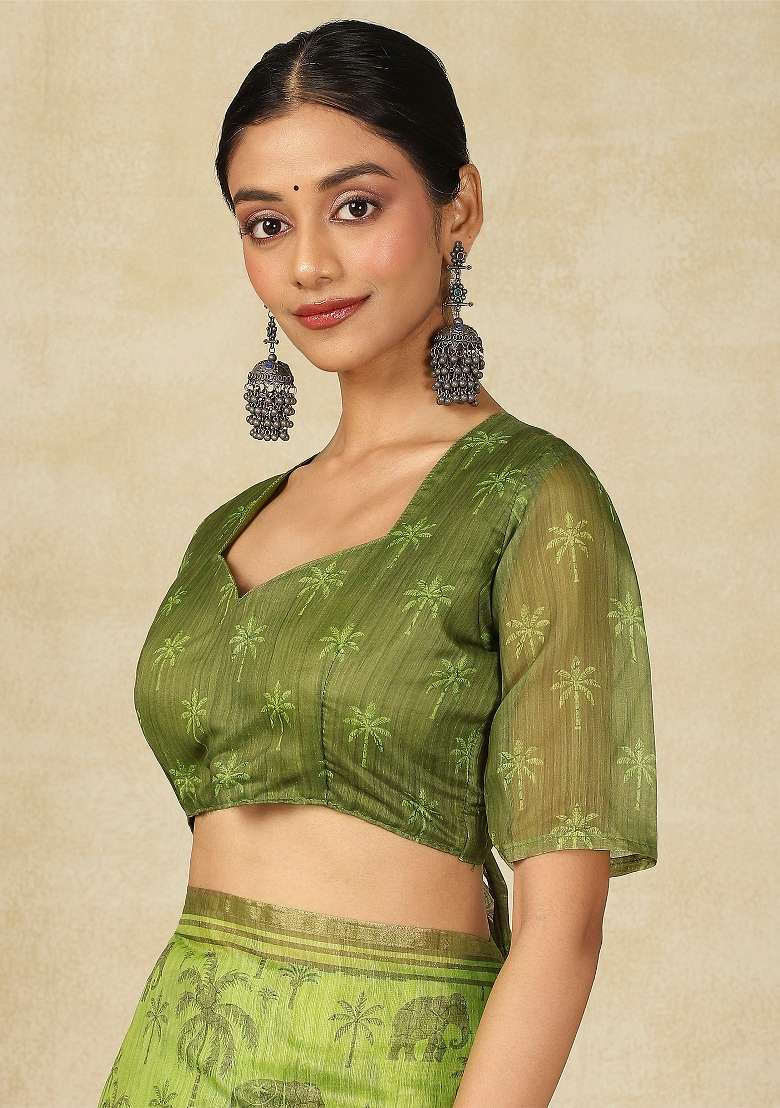 Light Green Printed Cotton Linen Saree Set - Indya