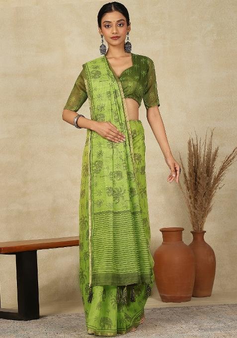 Light Green Printed Cotton Linen Saree Set — view on Indya