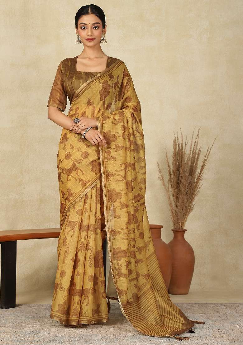 Camel Brown Printed Cotton Linen Saree Set - Indya