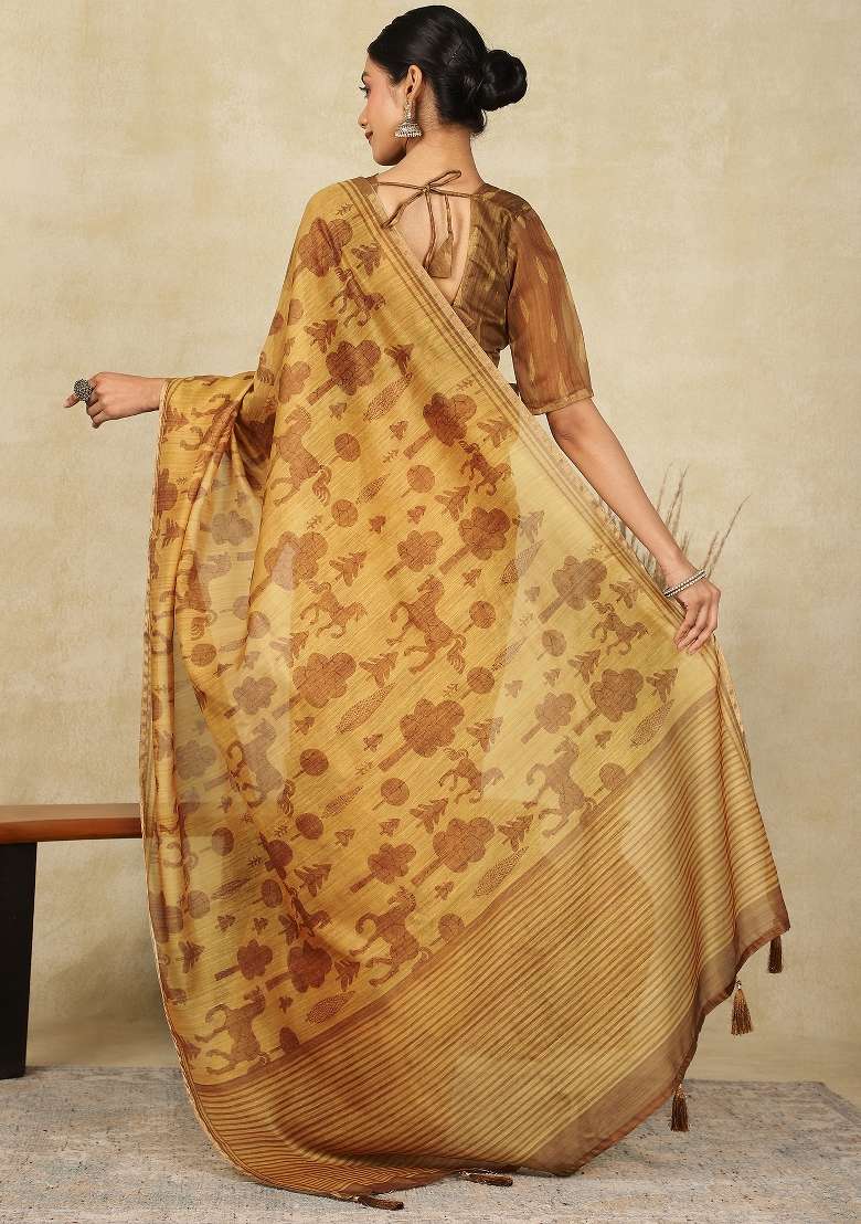 Camel Brown Printed Cotton Linen Saree Set - Indya