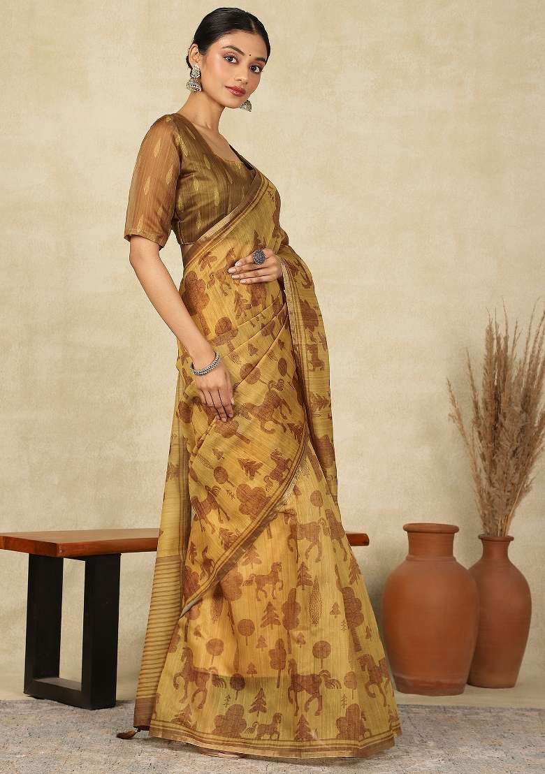 Camel Brown Printed Cotton Linen Saree Set - Indya