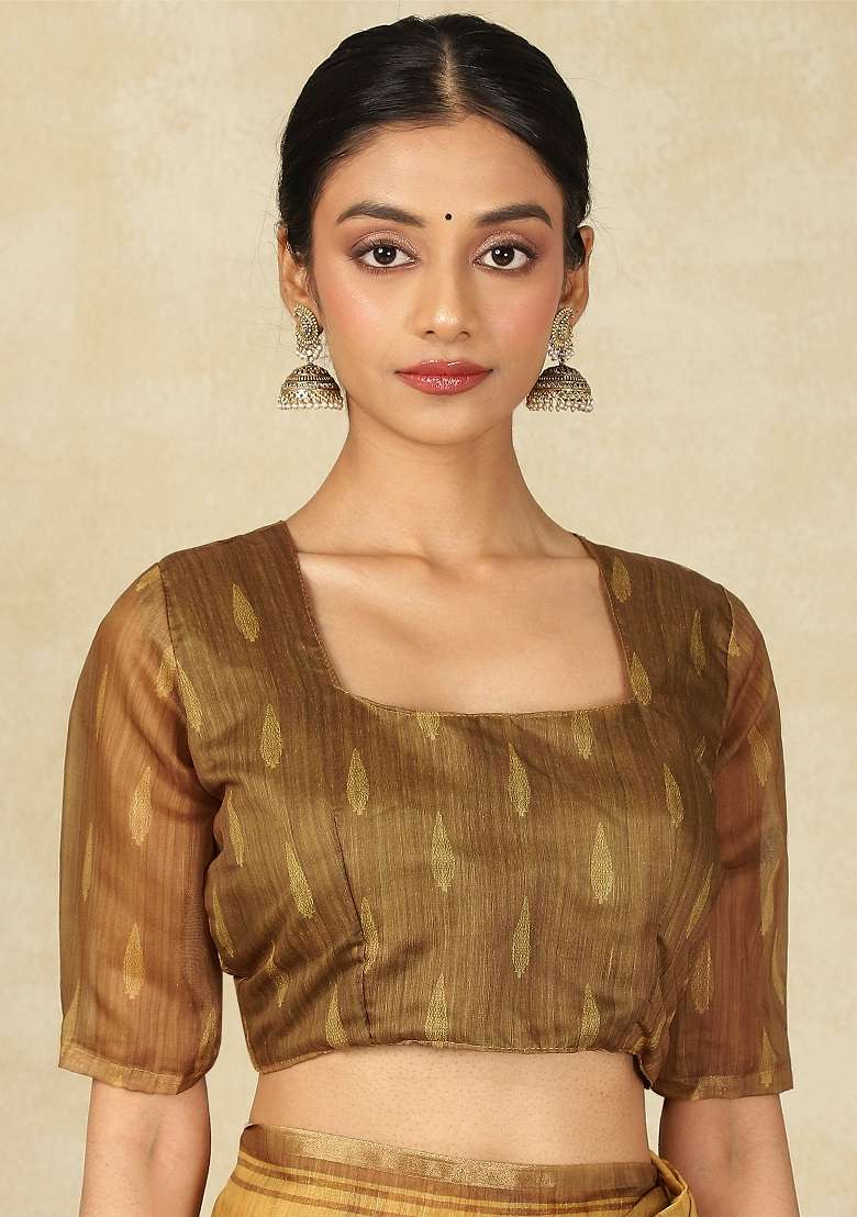 Camel Brown Printed Cotton Linen Saree Set - Indya