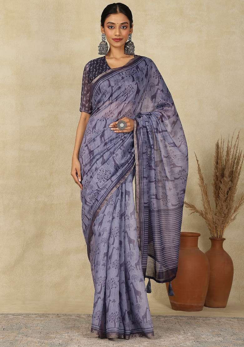 Purple Printed Cotton Linen Saree Set - Indya