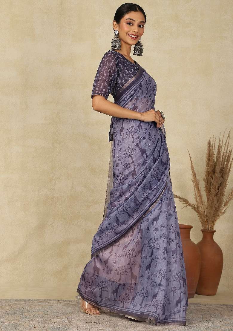 Purple Printed Cotton Linen Saree Set - Indya