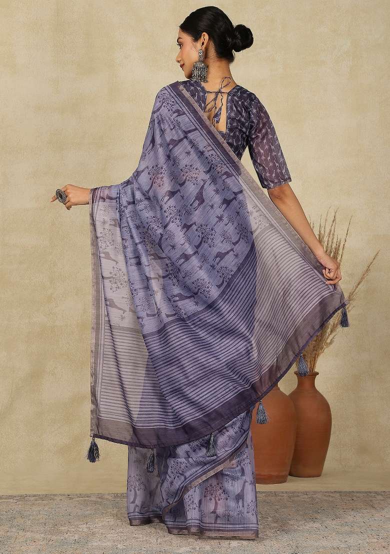 Purple Printed Cotton Linen Saree Set - Indya