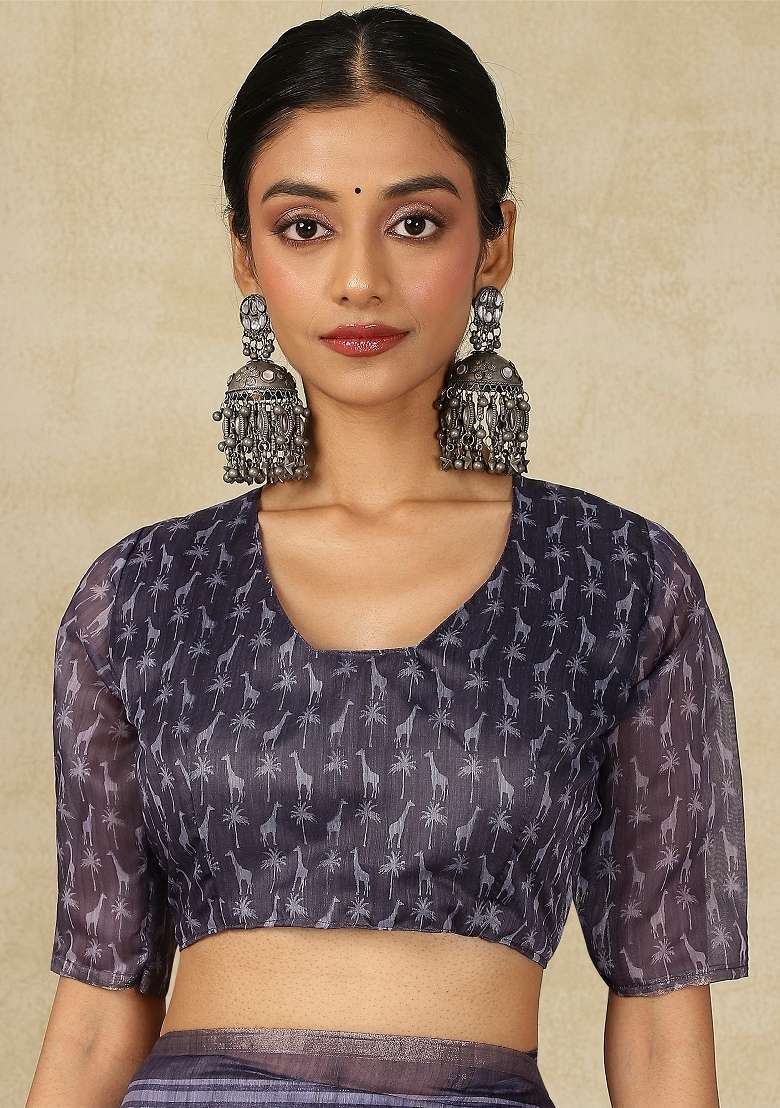 Purple Printed Cotton Linen Saree Set - Indya