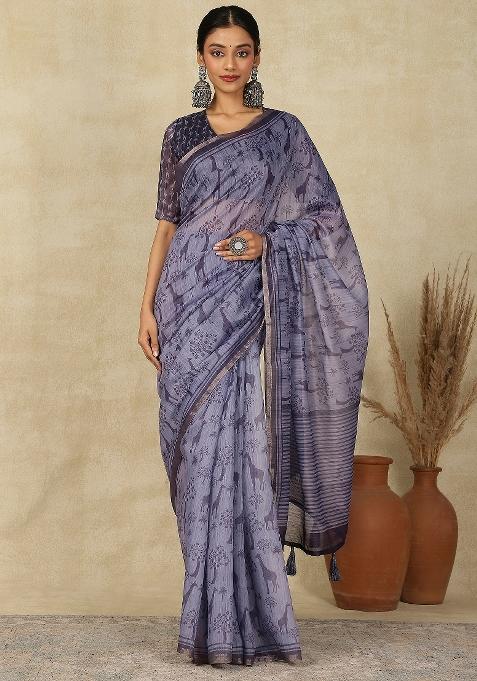 Purple Printed Cotton Linen Saree Set — view on Indya