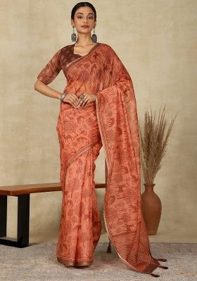 Peach Printed Cotton Linen Saree Set