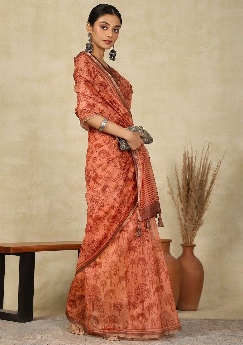 Peach Printed Cotton Linen Saree Set - Indya
