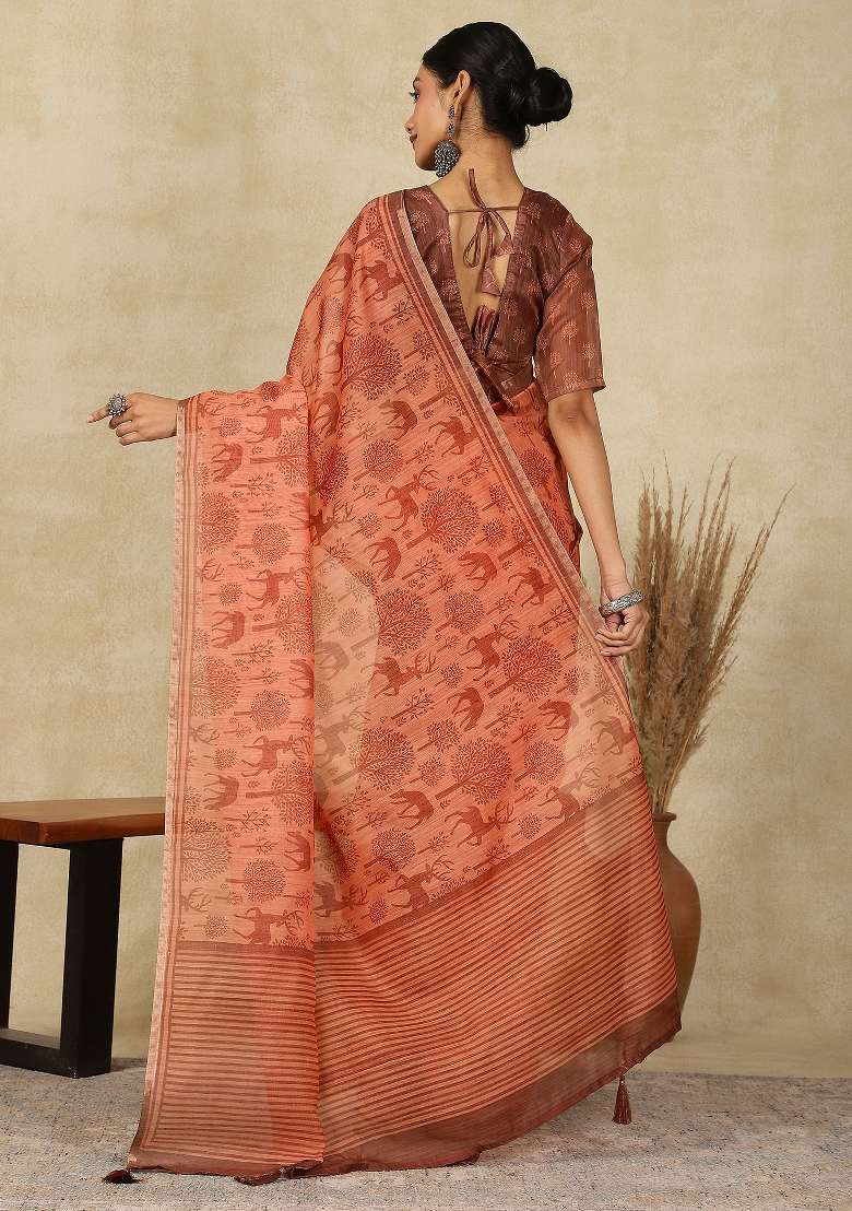 Peach Printed Cotton Linen Saree Set - Indya
