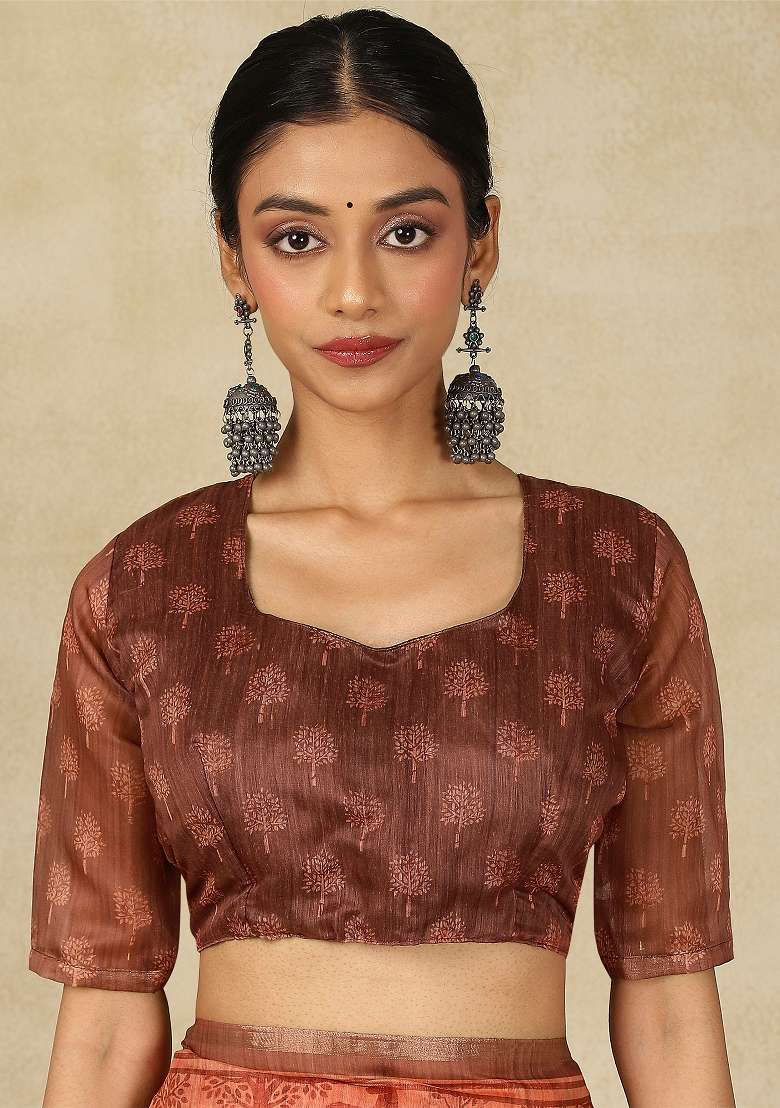 Peach Printed Cotton Linen Saree Set - Indya
