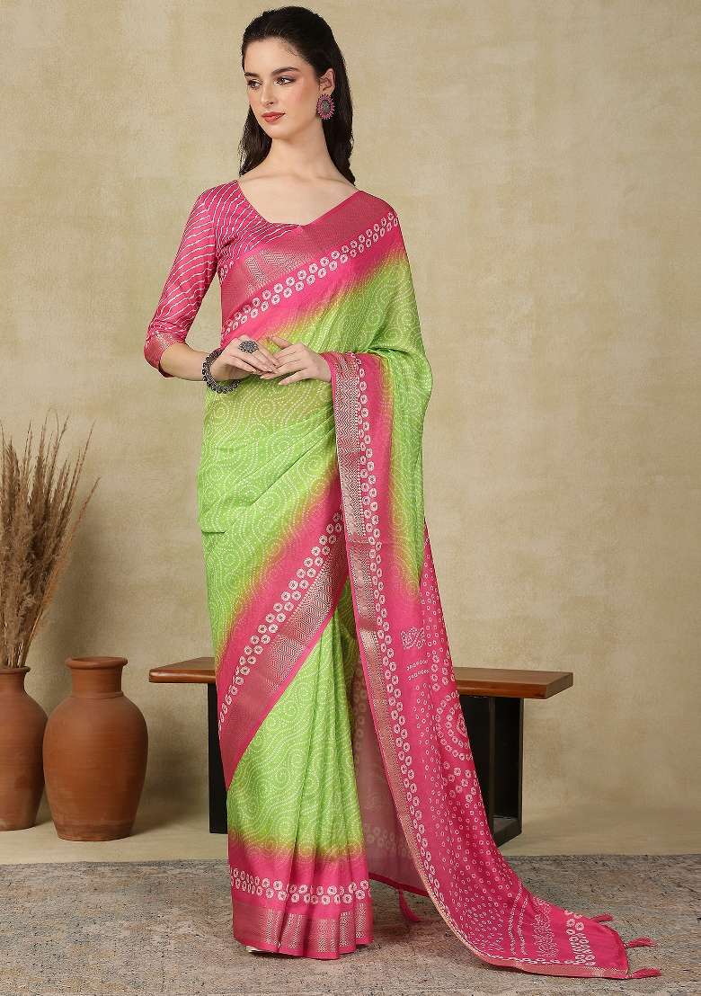 Light Green Printed Cotton Blend Saree Set - Indya