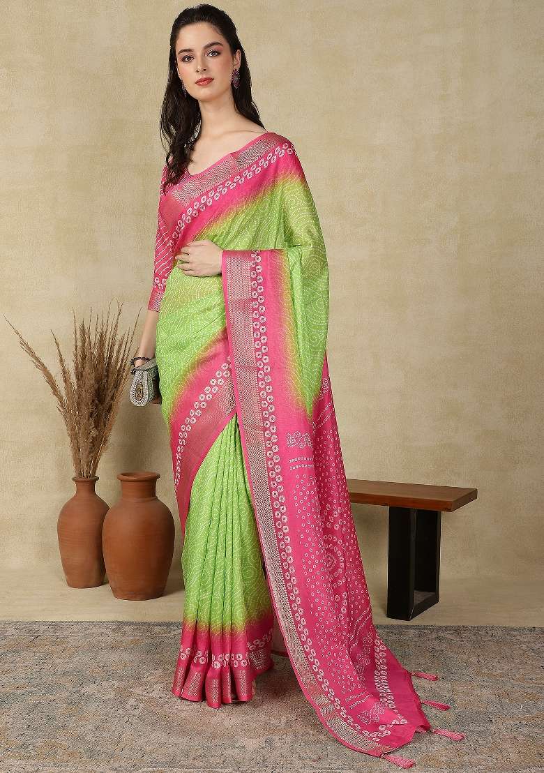Light Green Printed Cotton Blend Saree Set - Indya