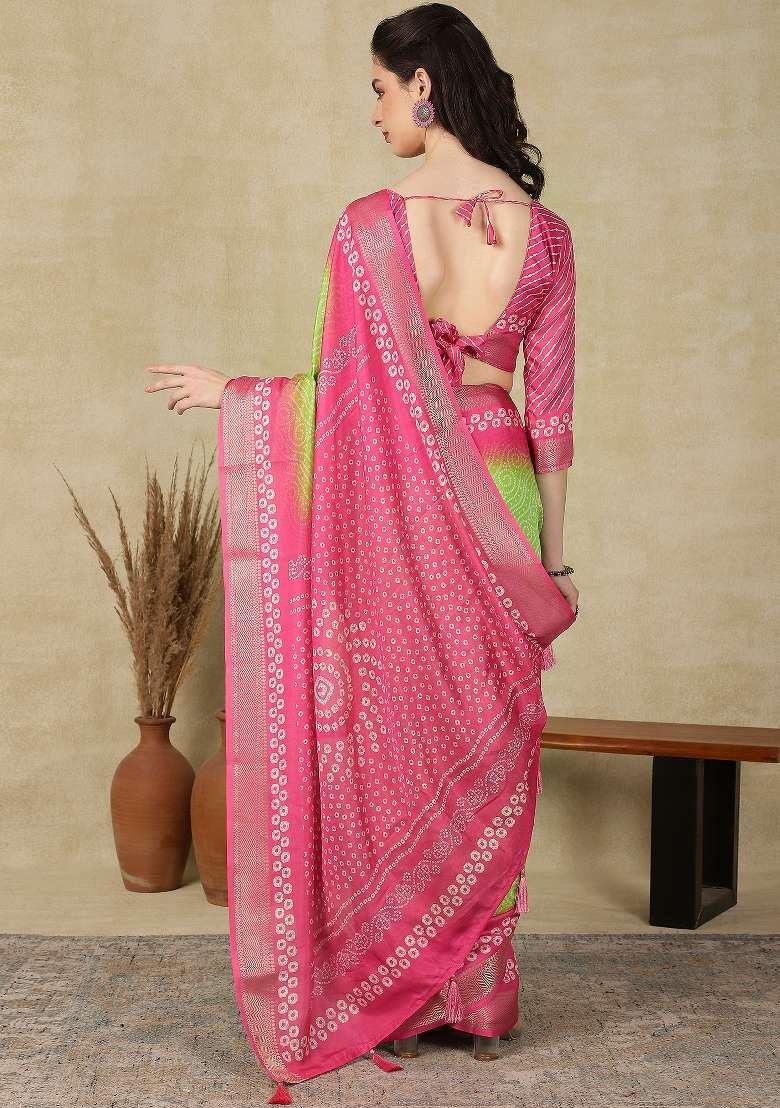 Light Green Printed Cotton Blend Saree Set - Indya