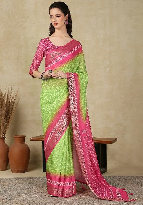Light Green Printed Cotton Blend Saree Set — view on Indya