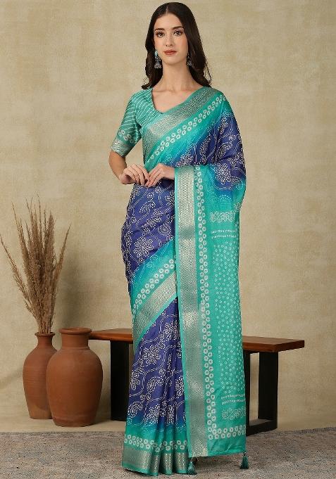 Navy Blue Printed Cotton Blend Saree Set — view on Indya