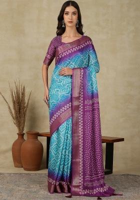 Light Blue Printed Cotton Blend Saree Set