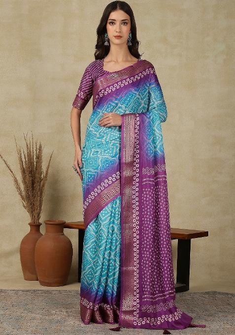 Light Blue Printed Cotton Blend Saree Set — view on Indya
