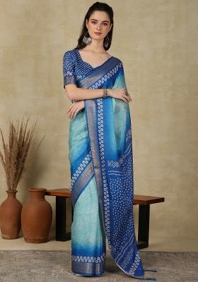 Light Blue Printed Cotton Blend Saree Set