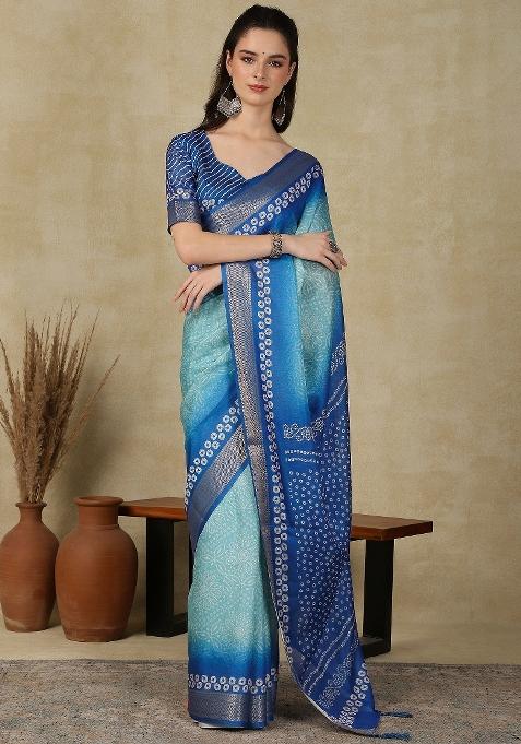 Light Blue Printed Cotton Blend Saree Set — view on Indya