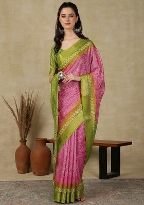 Pink Printed Cotton Blend Saree Set